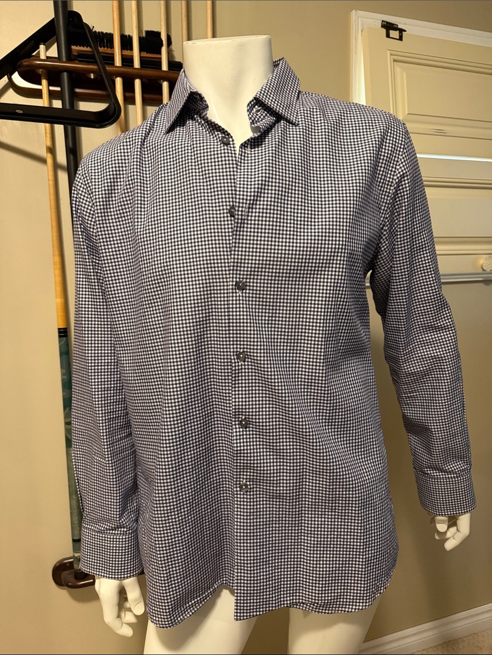 Men's Blue and White Check Button-Up Shirt